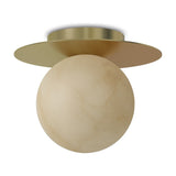 Royal Alabaster Flush Ceiling Light with a round alabaster globe beneath a broad brass disc and slim brass ceiling base, shown on a plain white background.