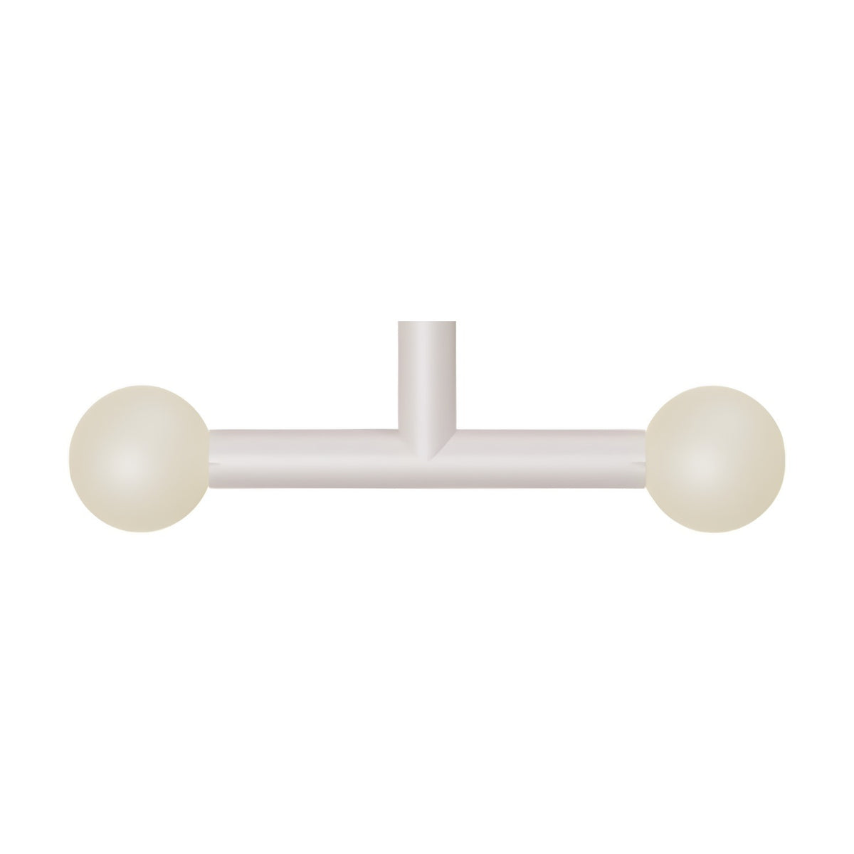 Rigoberta Trio Opal Glass Globe Pendant Light in matt white, T-shaped iron frame with a central stem and horizontal bar holding two opal glass globes, shown on a plain white background.