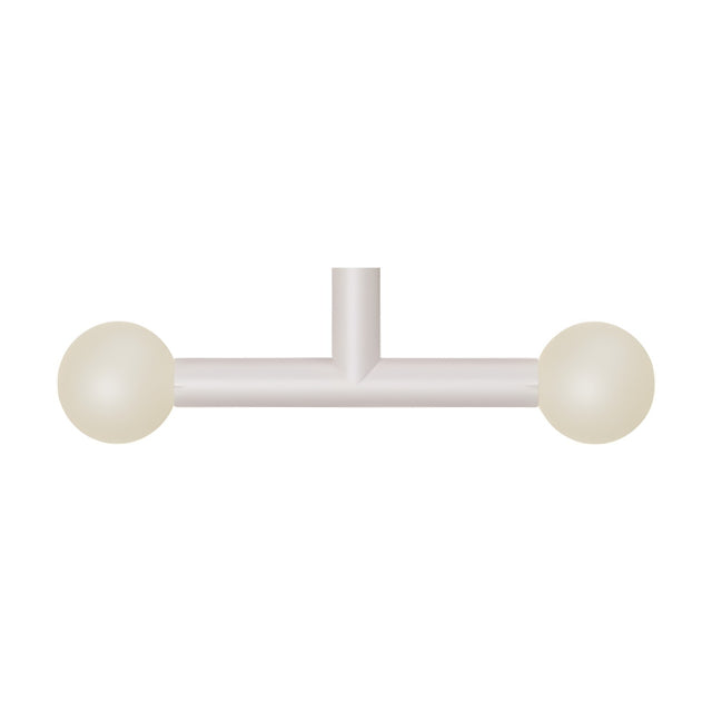 Rigoberta Trio Opal Glass Globe Pendant Light in matt white, T-shaped iron frame with a central stem and horizontal bar holding two opal glass globes, shown on a plain white background.