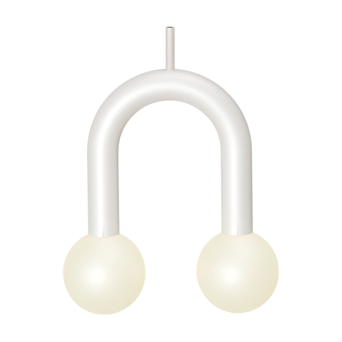 Rigoberta Super Curved 2 Light Opal Globe Pendant in matt white, a curved iron tube with two opal glass globe lights, shown on a plain white background.