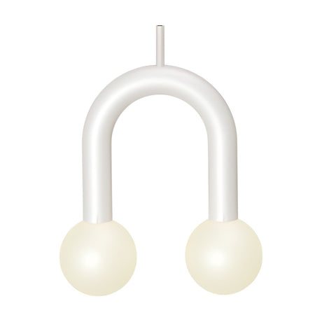 Rigoberta Super Curved 2 Light Opal Globe Pendant in matt white, a curved iron tube with two opal glass globe lights, shown on a plain white background.