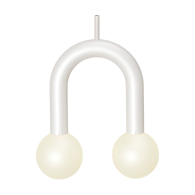Rigoberta Super Curved 2 Light Opal Globe Pendant in matt white, a curved iron tube with two opal glass globe lights, shown on a plain white background.