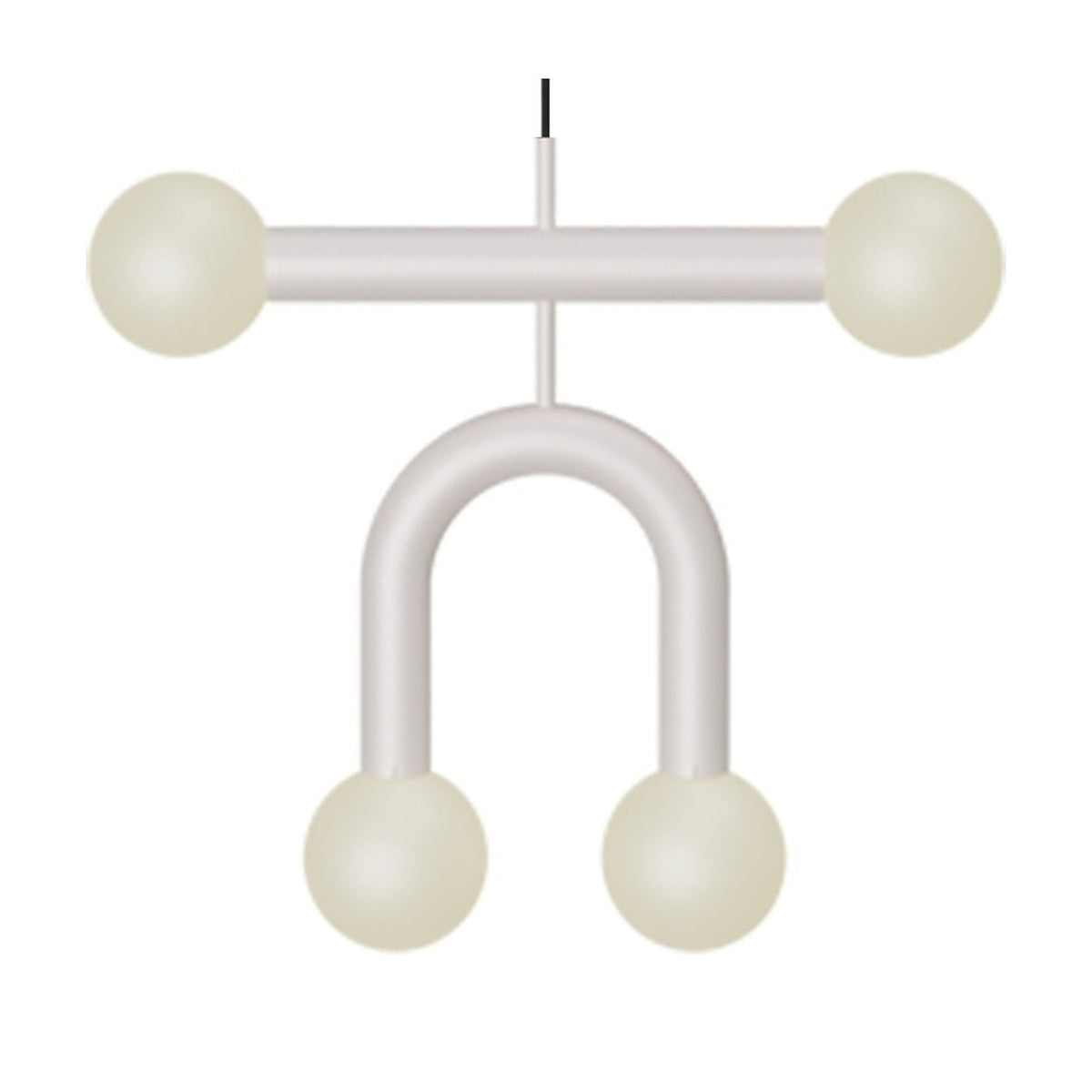 Rigoberta Duo pendant light in matt white, with a straight bar and curved arch holding four opal glass globes, shown on a plain white background.