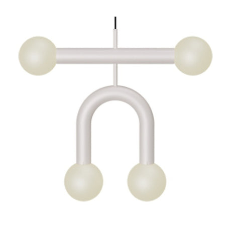 Rigoberta Duo pendant light in matt white, with a straight bar and curved arch holding four opal glass globes, shown on a plain white background.