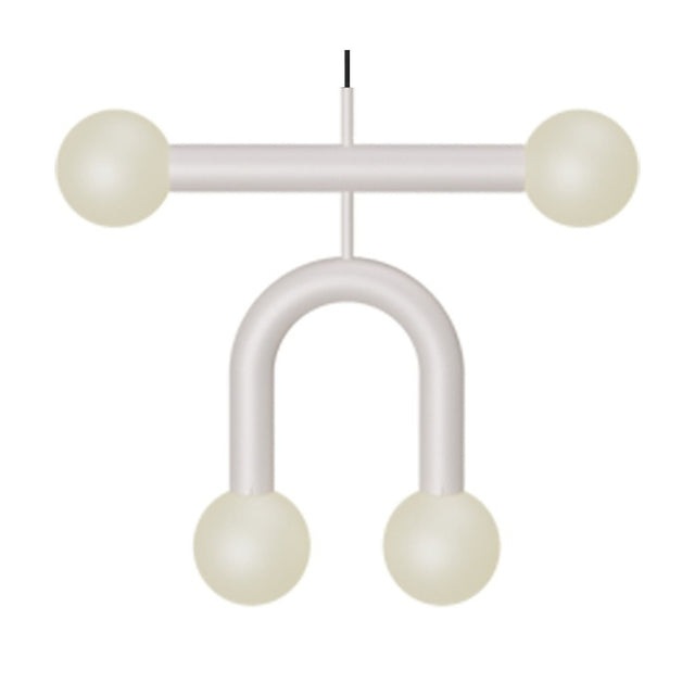 Rigoberta Duo pendant light in matt white, with a straight bar and curved arch holding four opal glass globes, shown on a plain white background.