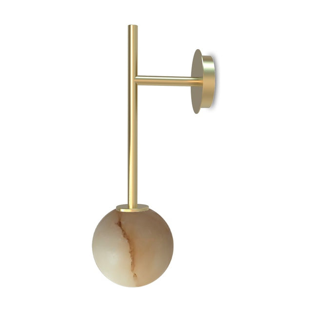 Royal Single Arm Alabaster Globe Wall Light in gold, featuring a slim vertical brass rod from a round wall plate to a sphere alabaster shade with amber veining, shown on a white background.