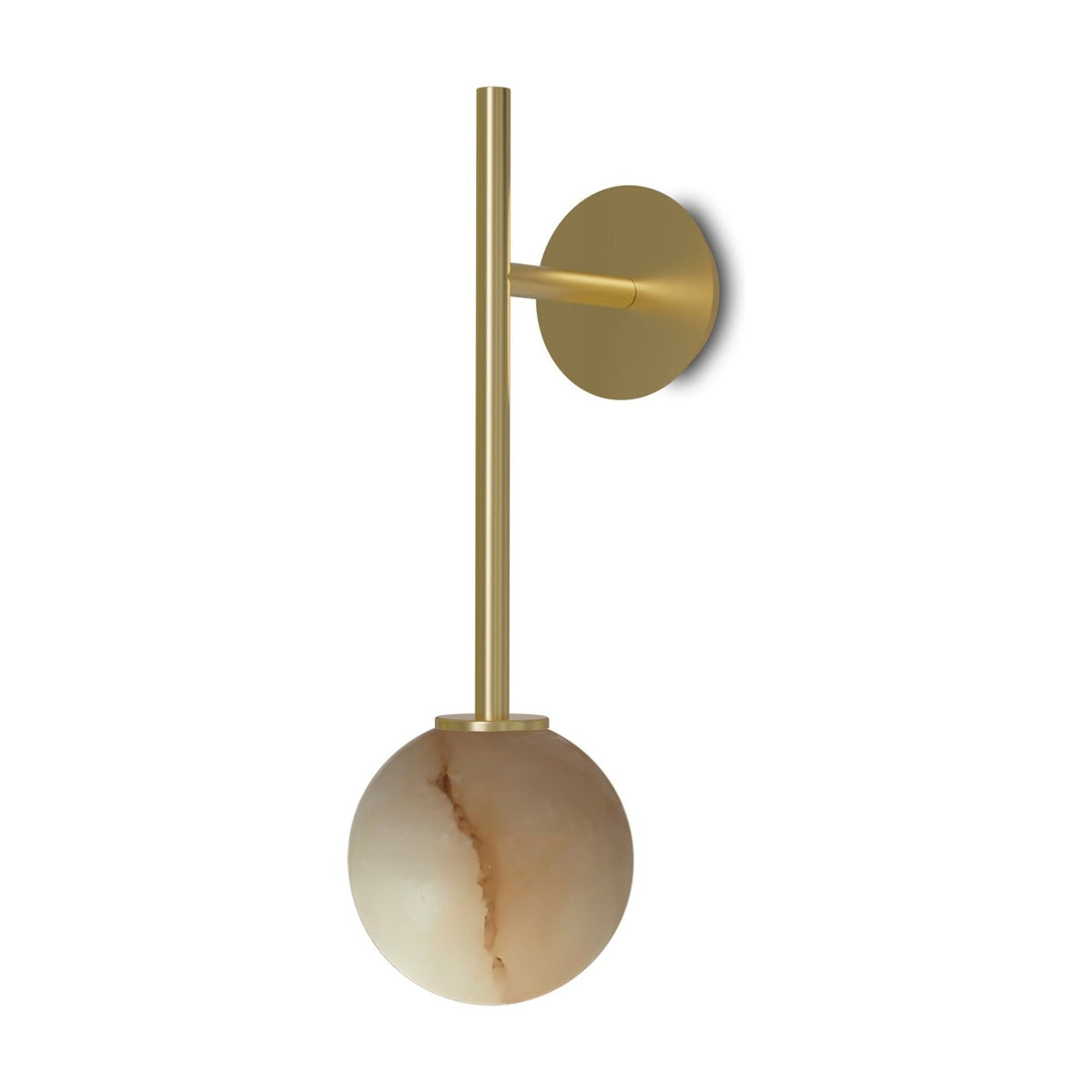 Royal Single Arm Alabaster Globe Wall Light in gold, featuring a slim vertical rod from a round wall plate to a spherical alabaster shade with amber veining, shown on a plain white background.