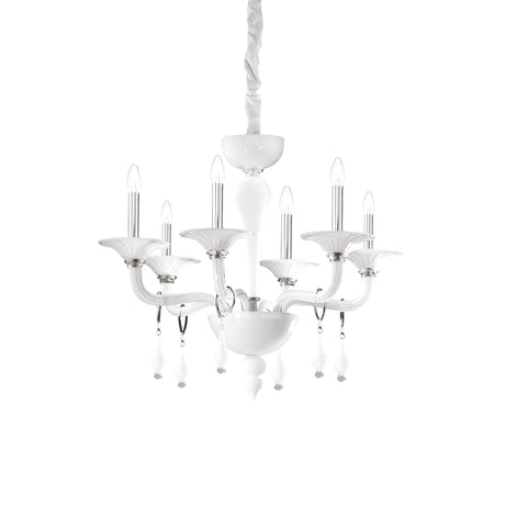 The Nirvana 6 Glass Light Chandelier - White exudes elegance with its curving arms and six candle-like lights. Featuring artisanal craftsmanship, it dazzles with hanging glass ornaments and a sleek design, offering a modern touch while being gracefully suspended by a covered chain.