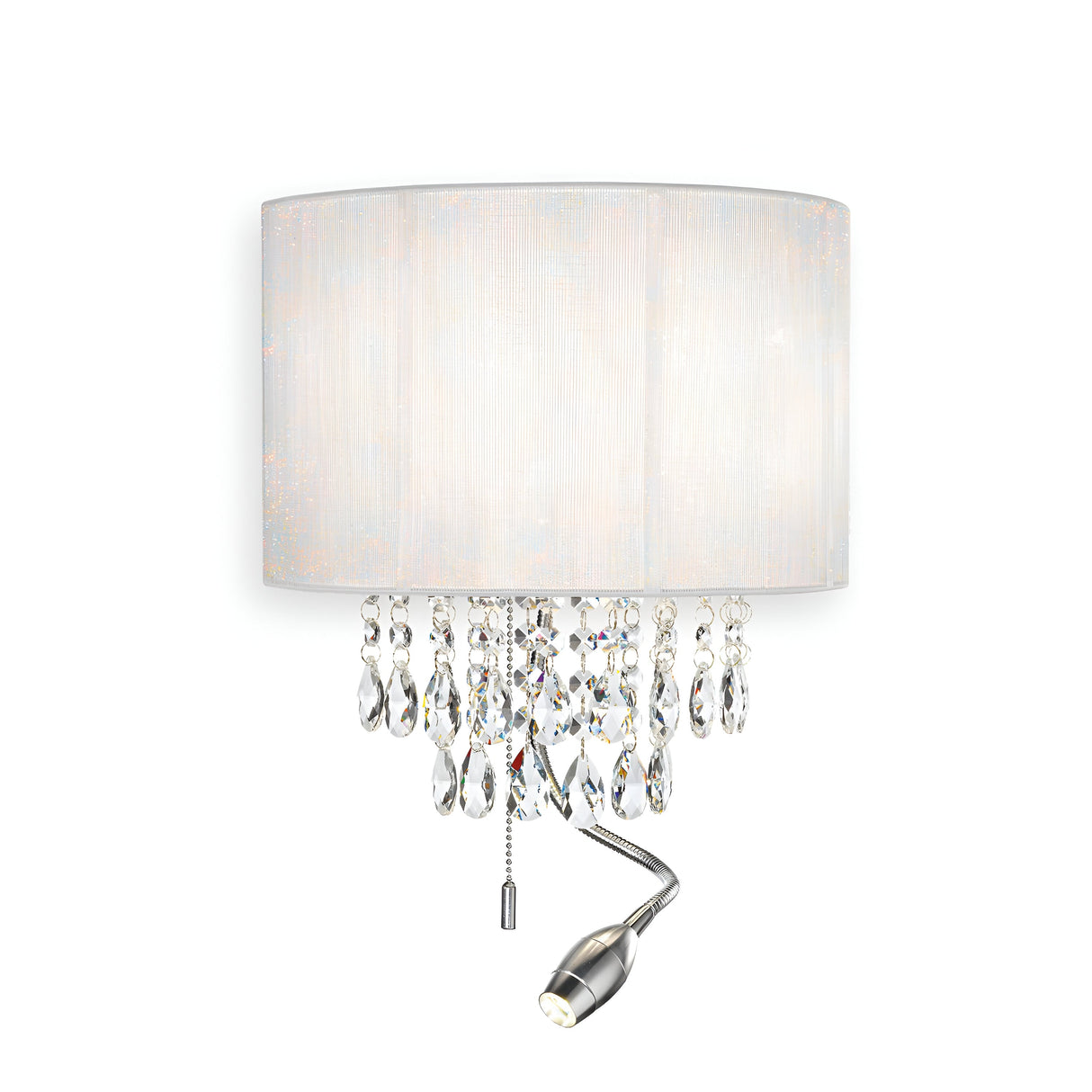 The Brillis 3 Light Wall Light - White radiates contemporary elegance with its white fabric shade and dangling crystal details. It boasts dimmable lighting and comes equipped with a versatile metallic reading light, as well as a convenient small pull chain beneath the crystals for effortless on/off control of the main light.