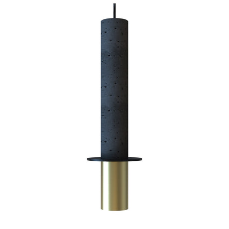 Rita Concrete Pendant Light featuring a tall porous charcoal concrete cylinder, matt black disc, and matt polished brass iron base, hung on black cable against a plain white background.