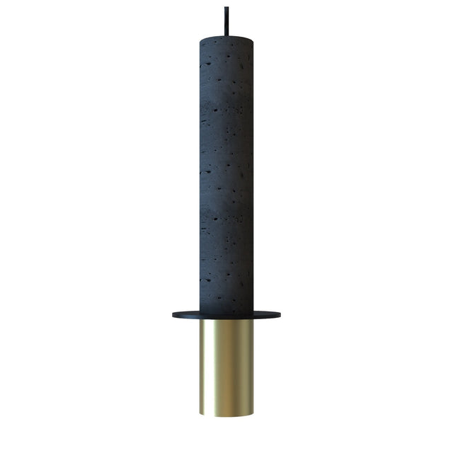 Rita Concrete Pendant Light featuring a tall porous charcoal concrete cylinder, matt black disc, and matt polished brass iron base, hung on black cable against a plain white background.
