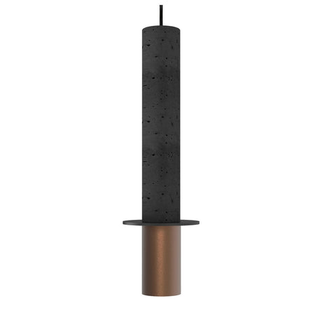 Rita Concrete Pendant in matt black, featuring a slim porous concrete cylinder, flat black disc, and copper head, hung on a black textile cable against a plain white background.
