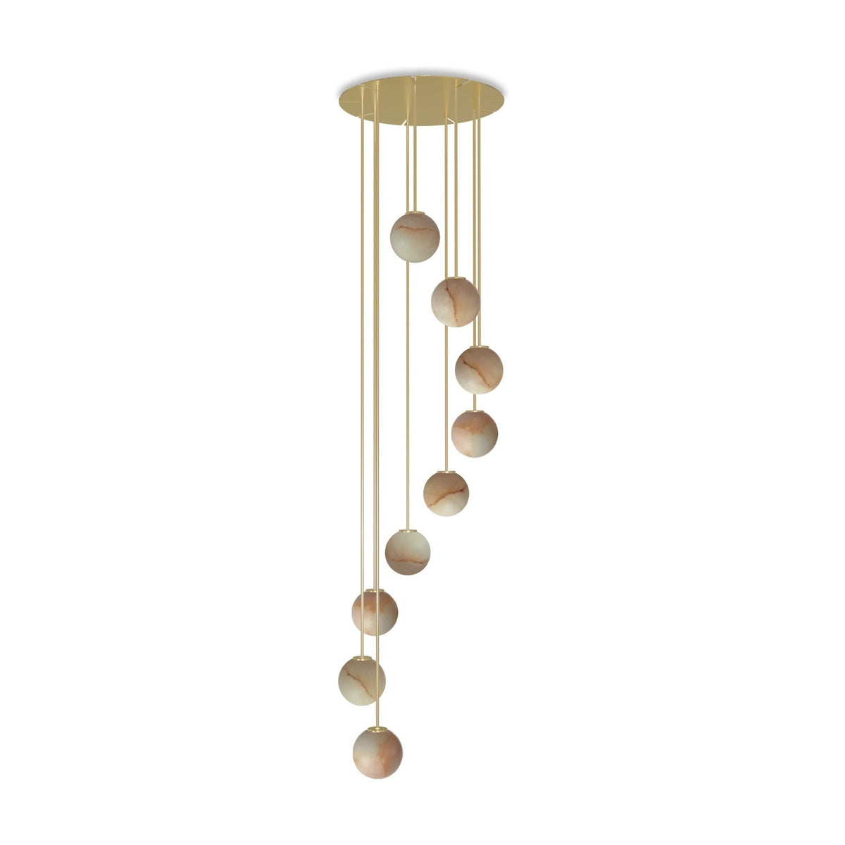 Royal Spiral chandelier with nine alabaster globes on gold cables, cascading from a round brass ceiling disc against a plain white background.