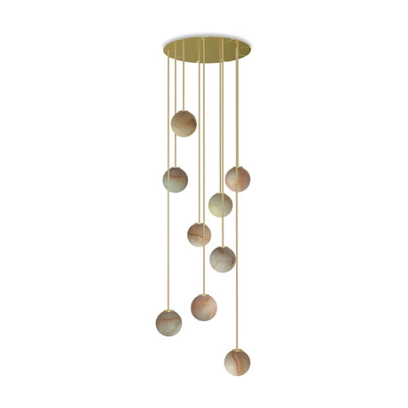 Royal Drops Circular 9 Light Alabaster Globe Chandelier in gold, with nine round alabaster globes at staggered heights from a gold round ceiling disc, shown on a white background.