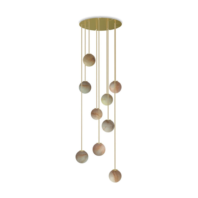 Royal Drops Circular 9 Light Alabaster Globe Chandelier in gold, with nine round alabaster globes at staggered heights from a gold round ceiling disc, shown on a white background.
