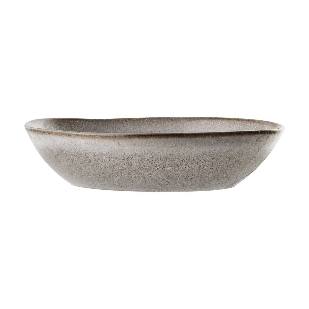 Sandrine stoneware deep plate in light grey, oval organic shape with speckled reactive glaze and darker rimline, shown on a plain white background.