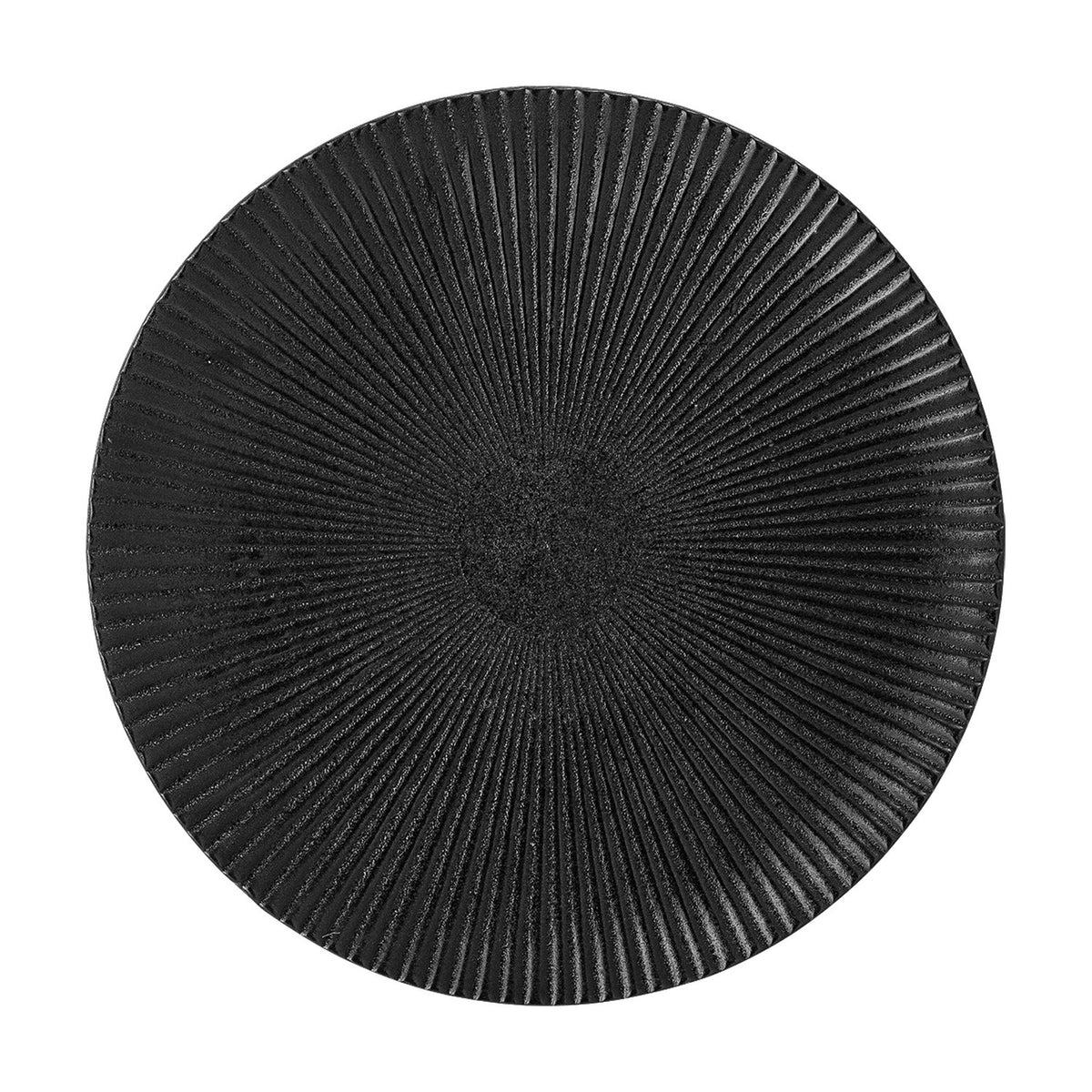 Neri Stoneware Plate in black, a round ceramic side plate with fine ridges radiating from centre to rim, shown on a plain white background.