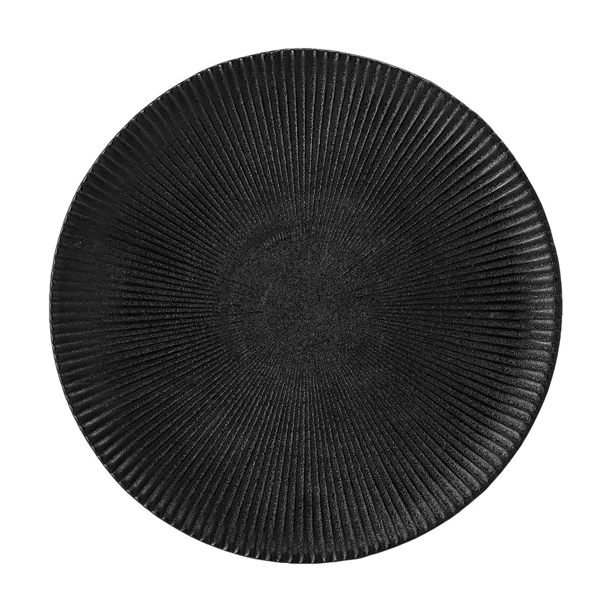 Neri Stoneware Side Plate in black, round ceramic design with fine ribbed texture radiating from a smooth centre to the rim, shown on a white background.