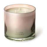Coconut Milk Mango scented candle in an ombre pink-to-green glass vessel with three cotton wicks, 590g soy paraffin wax, shown on a plain white background.