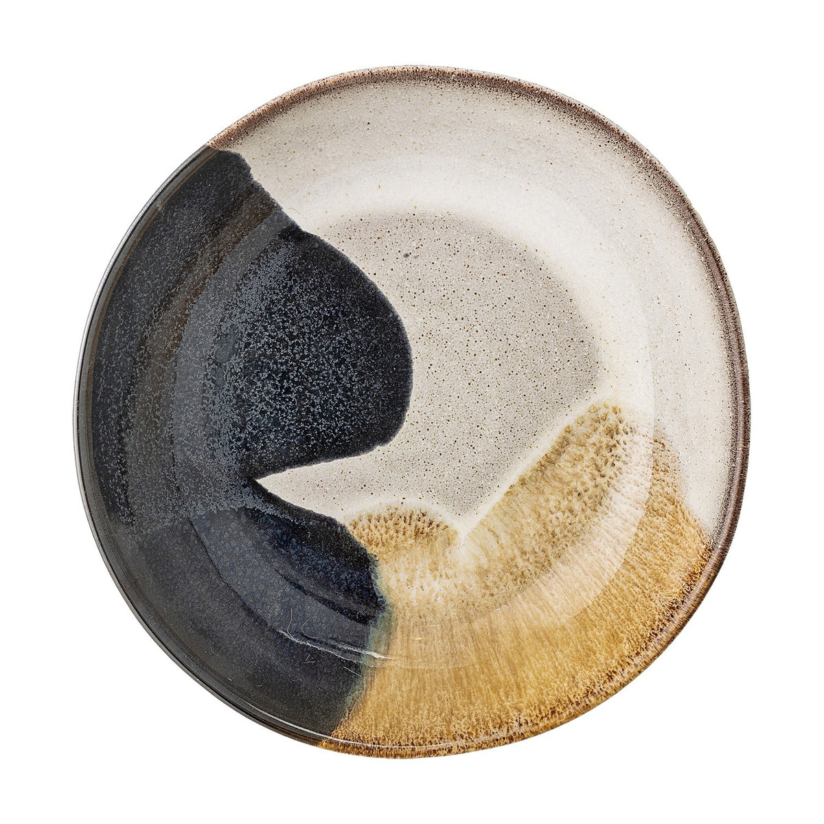 Jules Stoneware Deep Plate in Multi, round ceramic design with a reactive glaze in black, cream, and amber tones, shown on a plain white background.