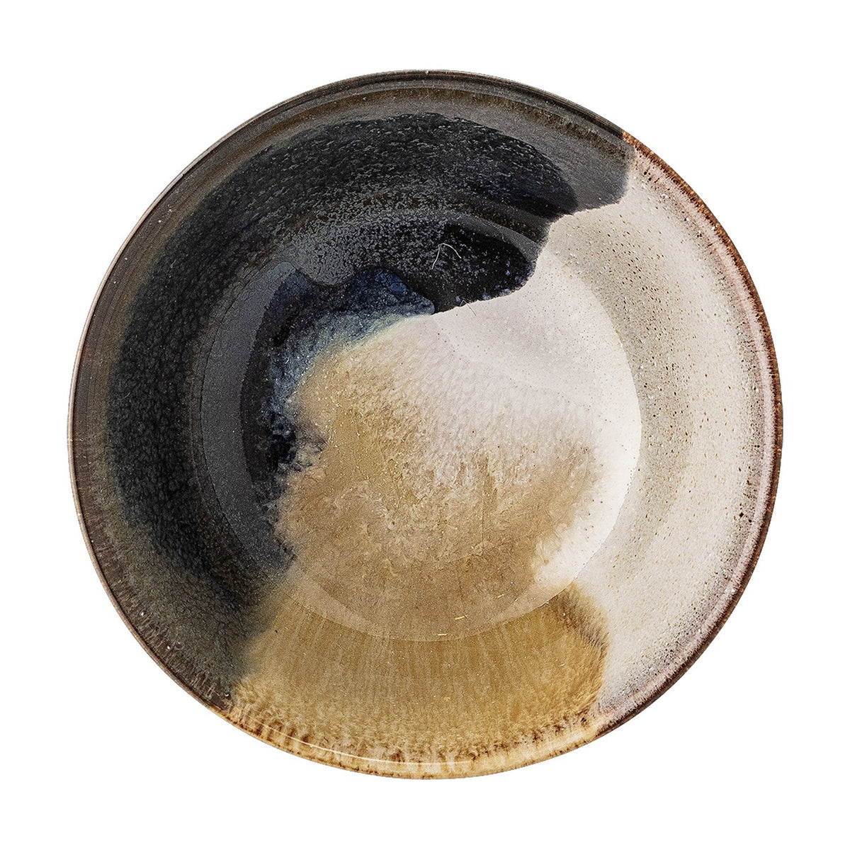Jules Stoneware Bowl 13cm in Multi, round ceramic bowl with glossy reactive glaze blending black, cream, and tan tones, shown against a plain white background.