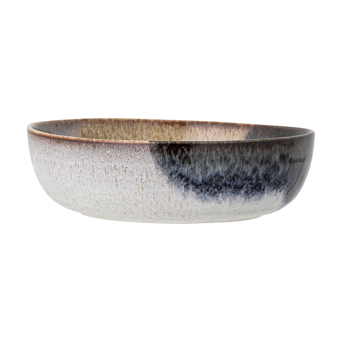 Jules Crackle Stoneware Bowl, 17.5cm, with a reactive glaze in blue sweeping across one side and fine crackle on the lighter half, shown on a plain white background.