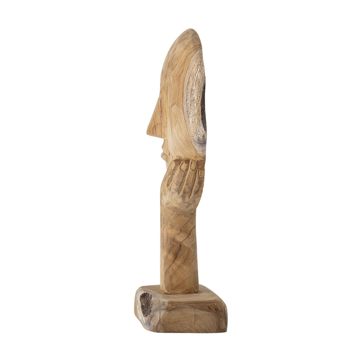 Cacia Wooden Ornament in Natural – carved reclaimed wood sculpture of a calm face resting on an open hand, tapering stem on a block base, shown against a white background.