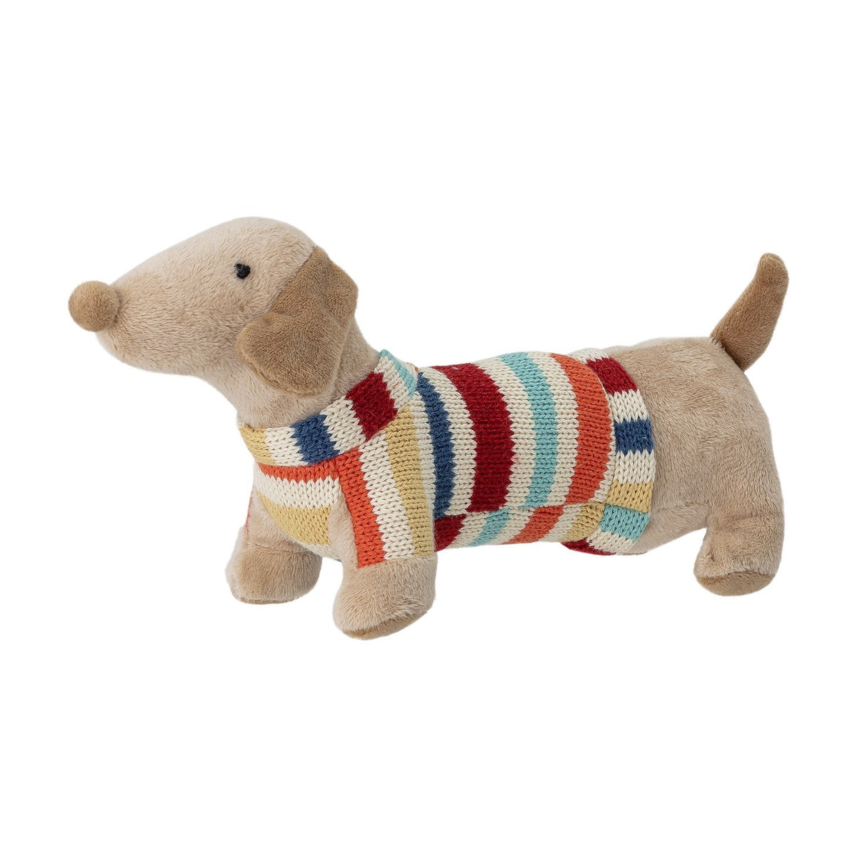 Hilena soft toy sausage dog in beige fabric wearing a multicoloured striped knitted jumper, with floppy ears and upturned tail, on a plain white background.