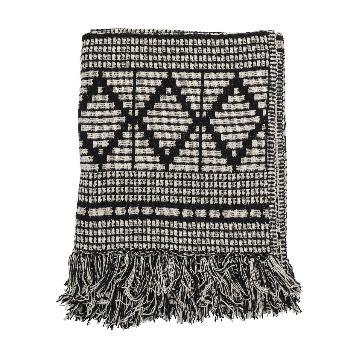 Gutte Geometric Throw in black, folded, with woven diamond and checked pattern and thick fringed edges, shown on a plain white background.