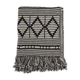 Gutte Geometric Throw in black, folded, with woven diamond and checked pattern and thick fringed edges, shown on a plain white background.