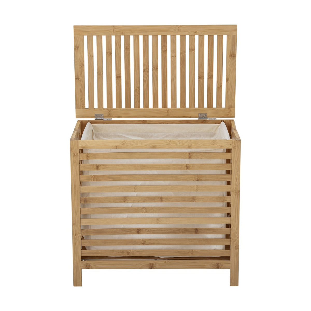 Aden Bamboo Laundry Basket in natural finish, open hinged slatted lid revealing a cream cotton liner, shown on a plain white background.