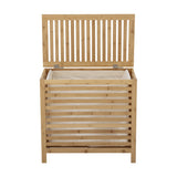 Aden Bamboo Laundry Basket in natural finish, open hinged slatted lid revealing a cream cotton liner, shown on a plain white background.