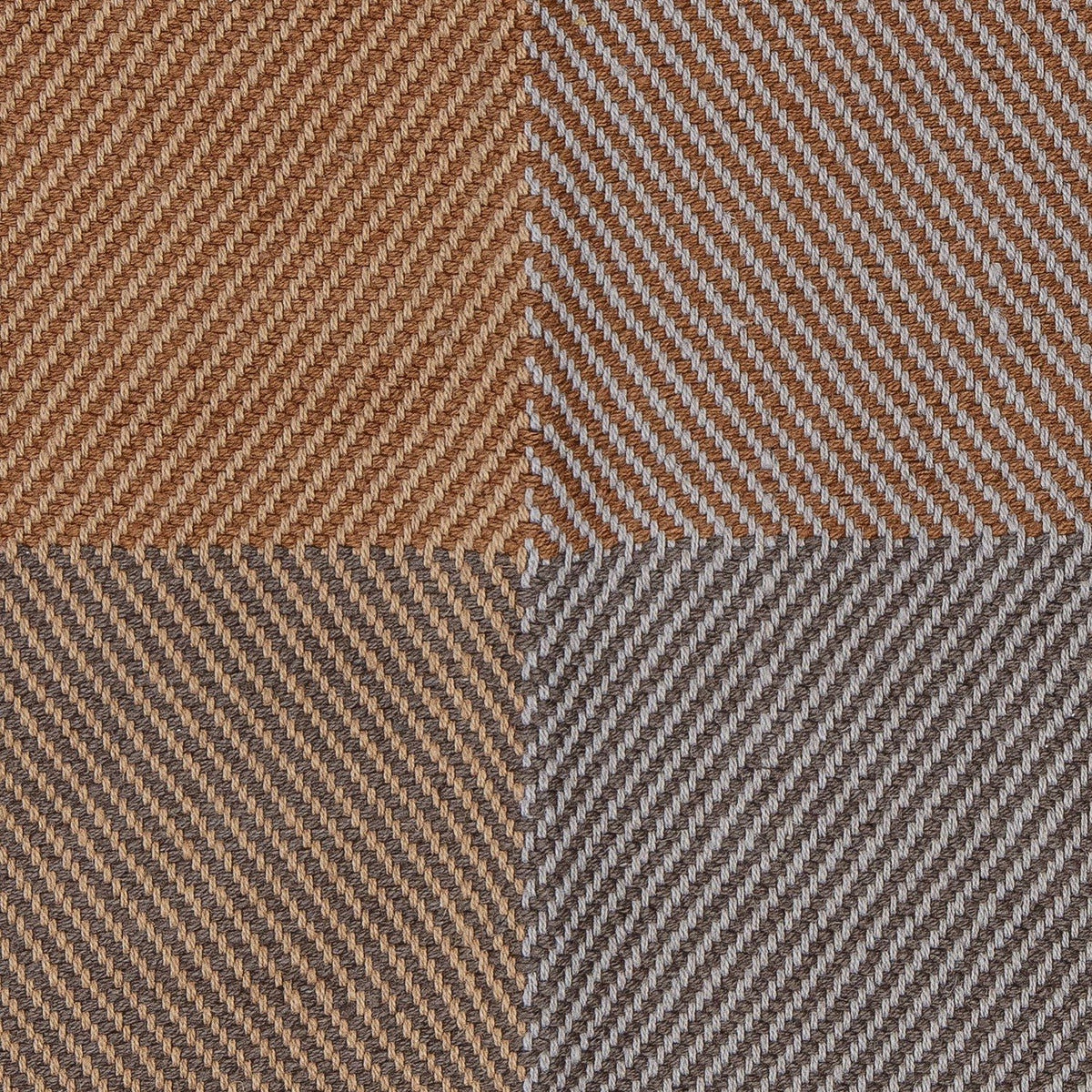 Rodin Jute Rug 200x140cm in Brown, close-up of diagonal herringbone weave forming four quadrant blocks in tan, rust, grey and taupe tones.