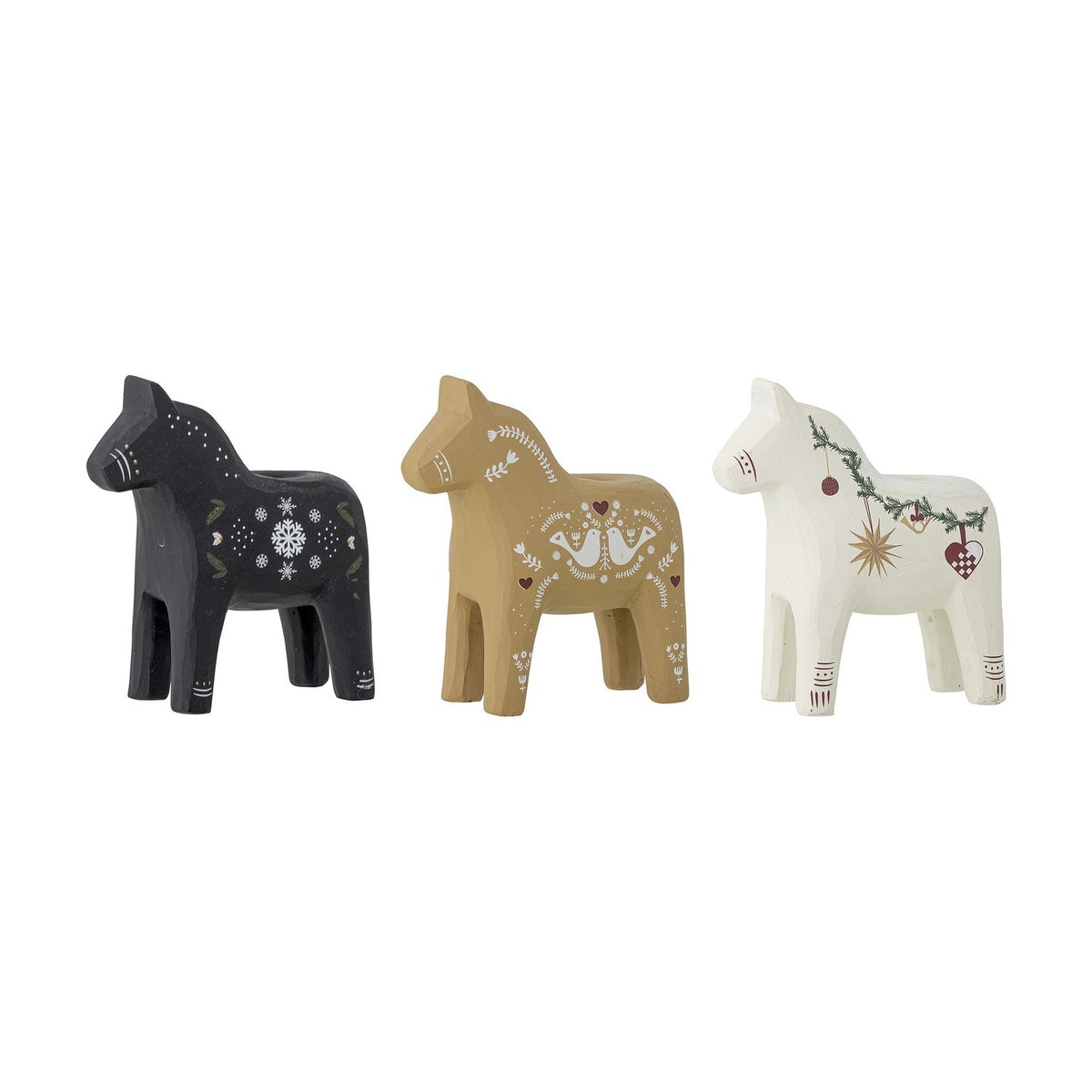 Set of three Siffer resin horse tealight holders in black, tan, and white, each hand-painted with festive Scandinavian folk-art motifs, on a plain white background.