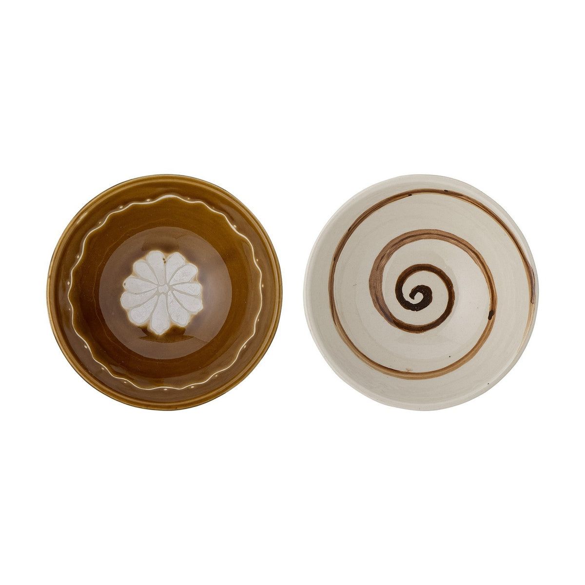 Heikki Floral Stoneware Bowls 12cm Set of 2, viewed from above, one brown bowl with a white flower motif and scalloped rim detail, the other cream with a brown spiral pattern, on a white background.