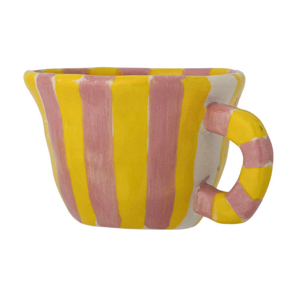 Nini Yellow Striped Stoneware Cup 110ml, a small hand-painted ceramic kids' cup with yellow and pink vertical stripes and a matching striped loop handle, shown on a plain white background.