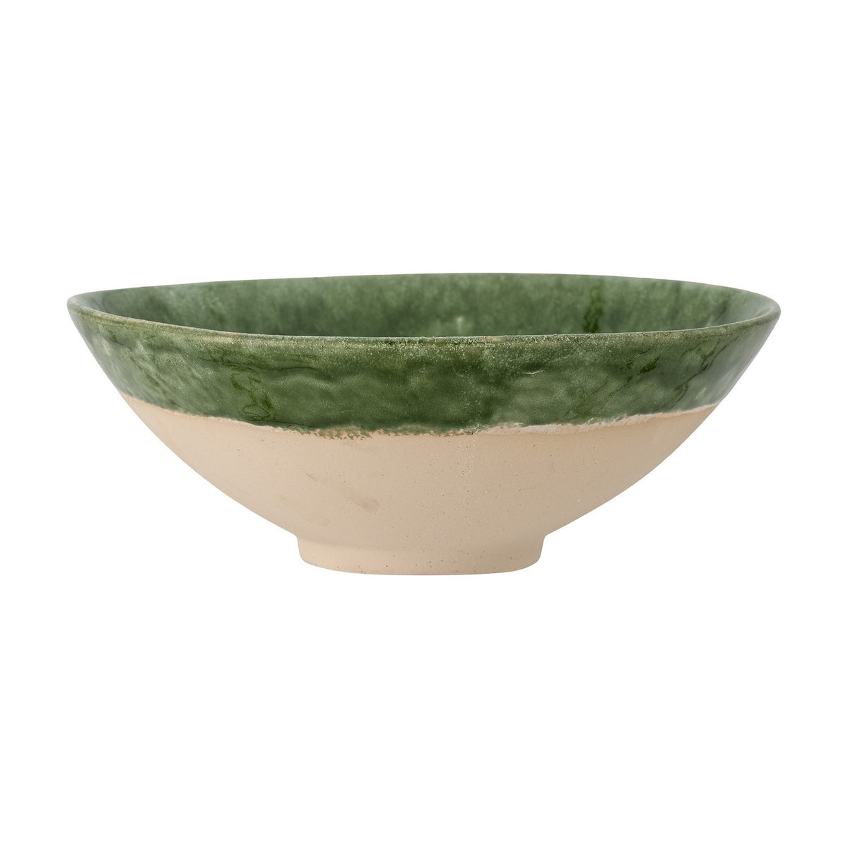 Moez Stoneware Bowl 30cm in Green, a wide ceramic bowl with a glossy green glazed rim over a natural speckled stoneware base, shown on a plain white background.