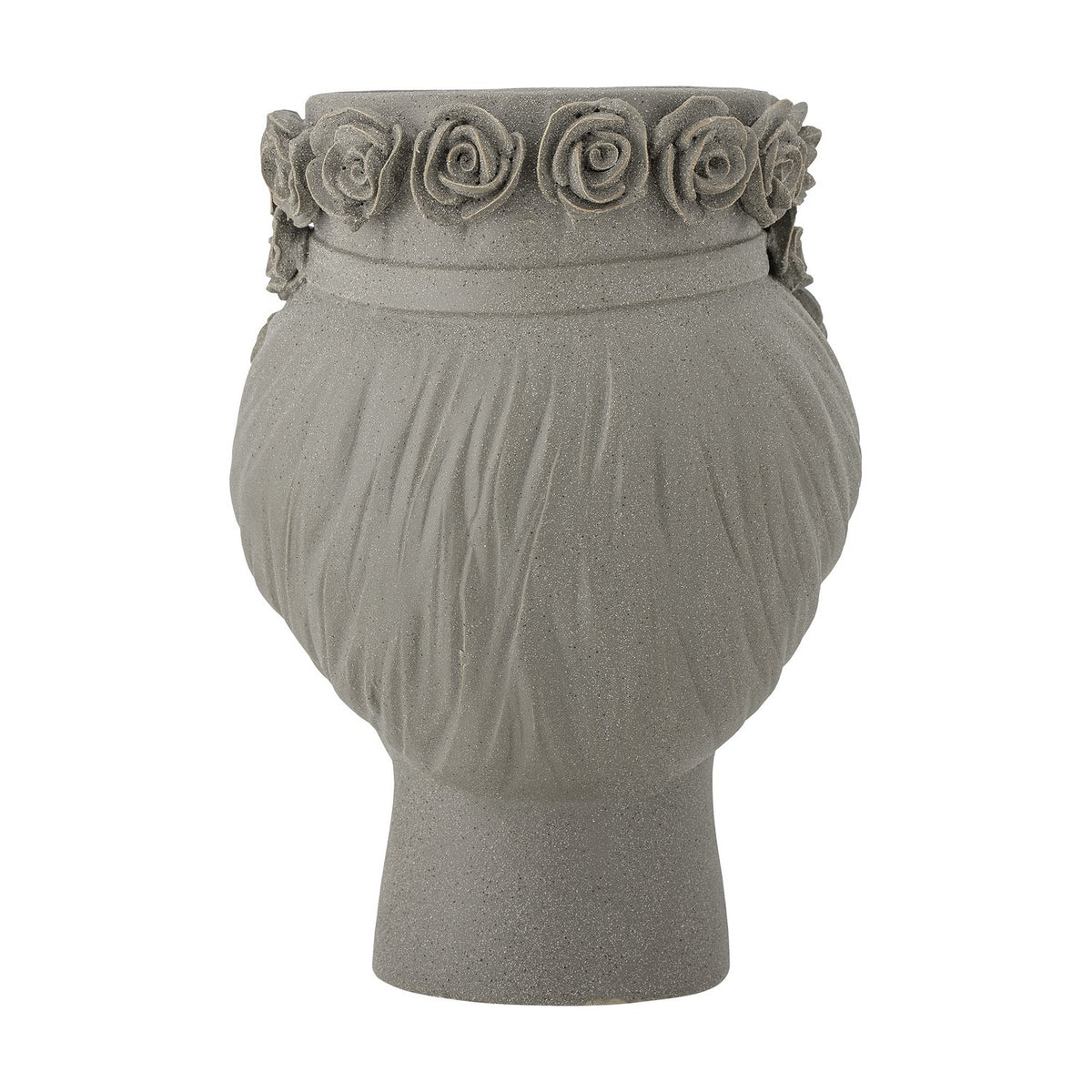 Akira Stoneware Vase 30cm in grey, sculpted as a woman's head with closed eyes and a rim crown of raised roses, matt textured ceramic, shown on a white background.