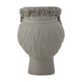 Akira Stoneware Vase 30cm in grey, sculpted as a woman's head with closed eyes and a rim crown of raised roses, matt textured ceramic, shown on a white background.
