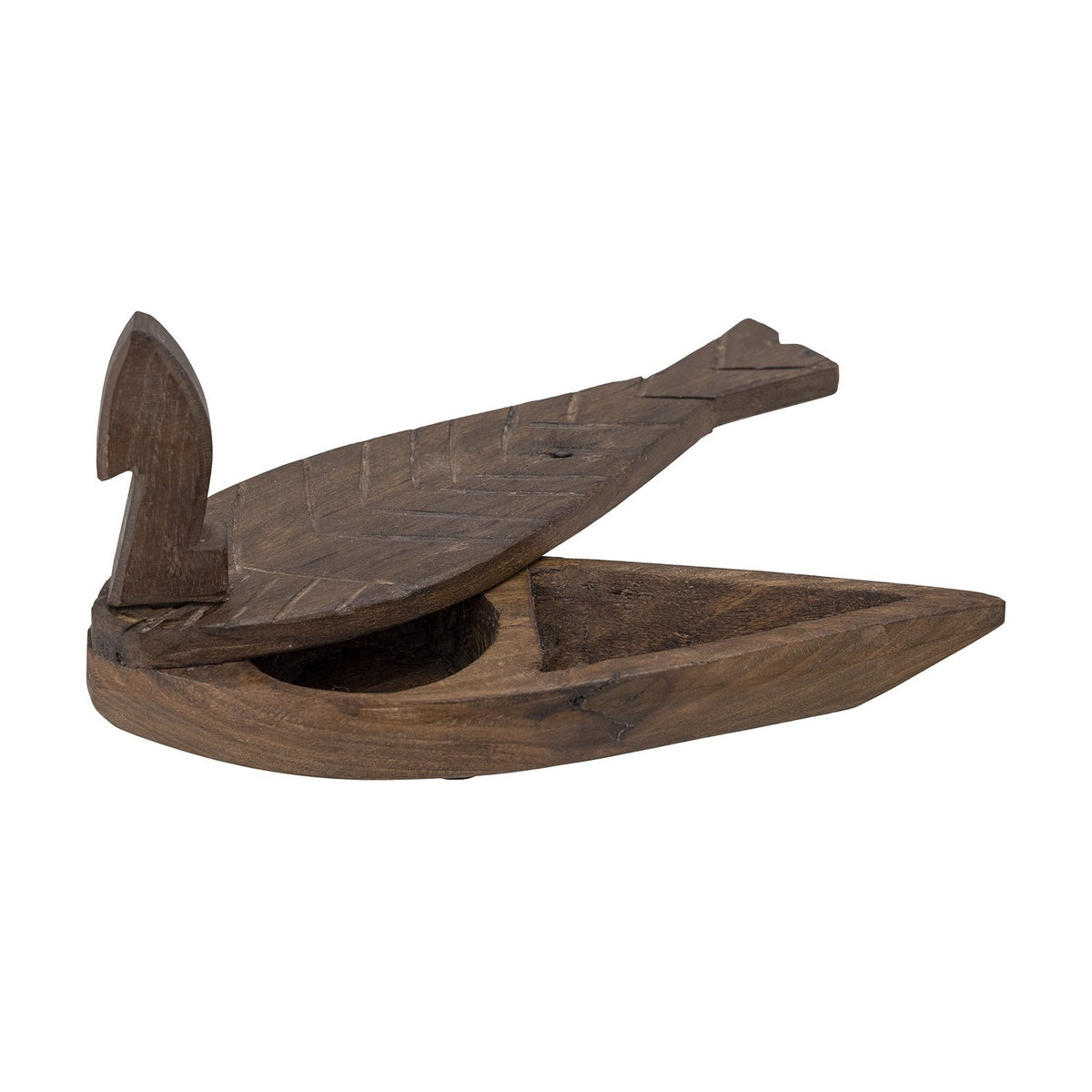 Hamida fish-shaped wooden storage box in brown, with a hinged scaled lid carved in chevron lines ending in a notched tail, set on a plain white background.