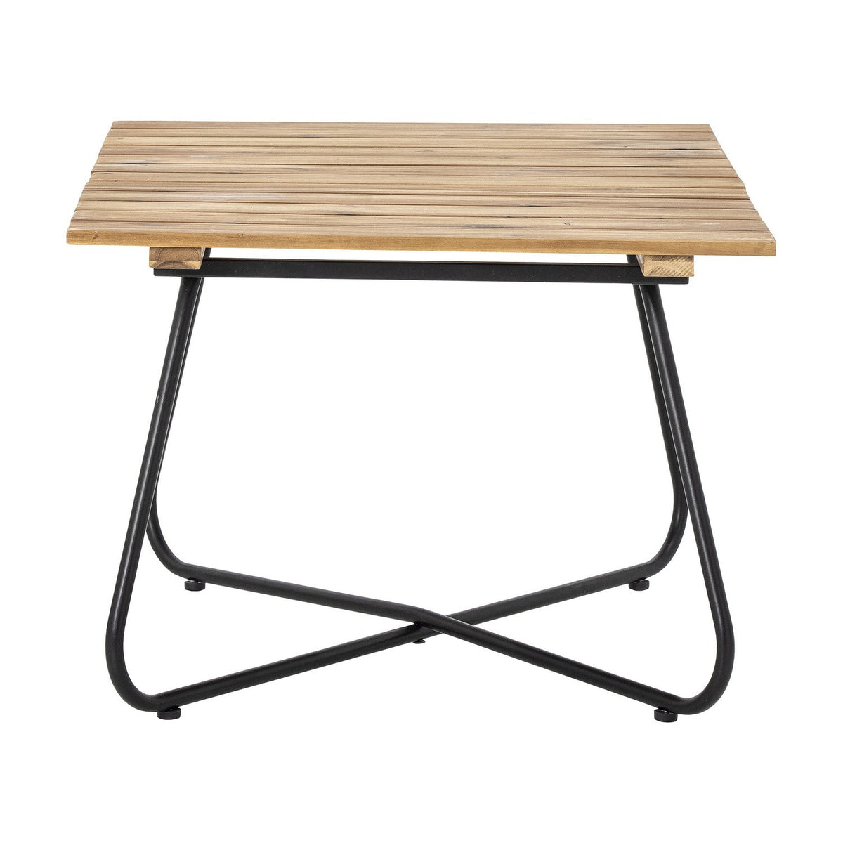 Hampton Wooden Garden Table in brown, featuring a slatted acacia top on a black powder-coated iron cross-frame base, shown against a plain white background.