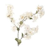 Artificial myrtle stem with clusters of small white star-shaped flowers and rounded green leaves along branching stems, bare lower stem, on a plain white background.