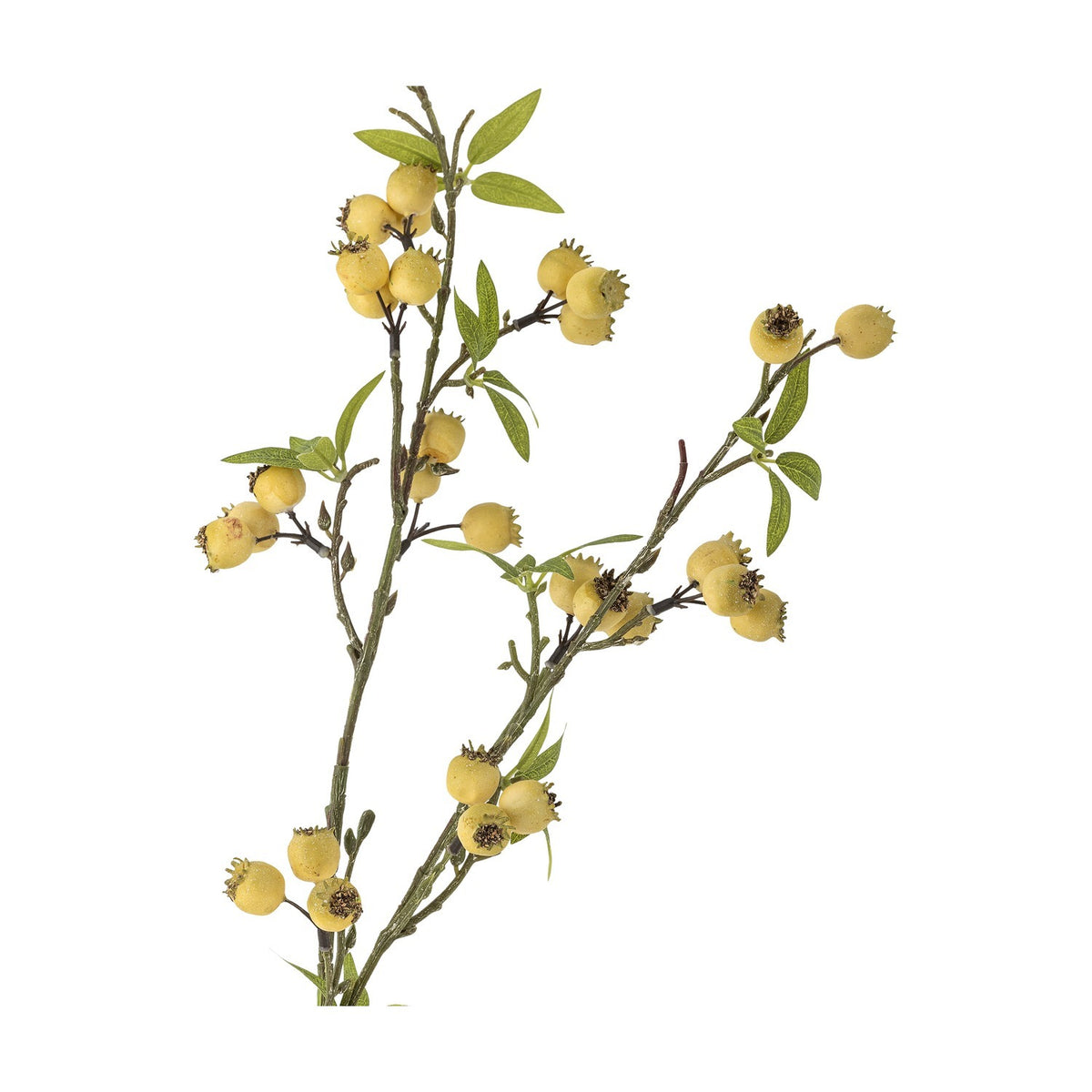 Artificial hawthorn branch with slender green stems, clusters of small round yellow berries, and fine pointed leaves, shown against a plain white background.