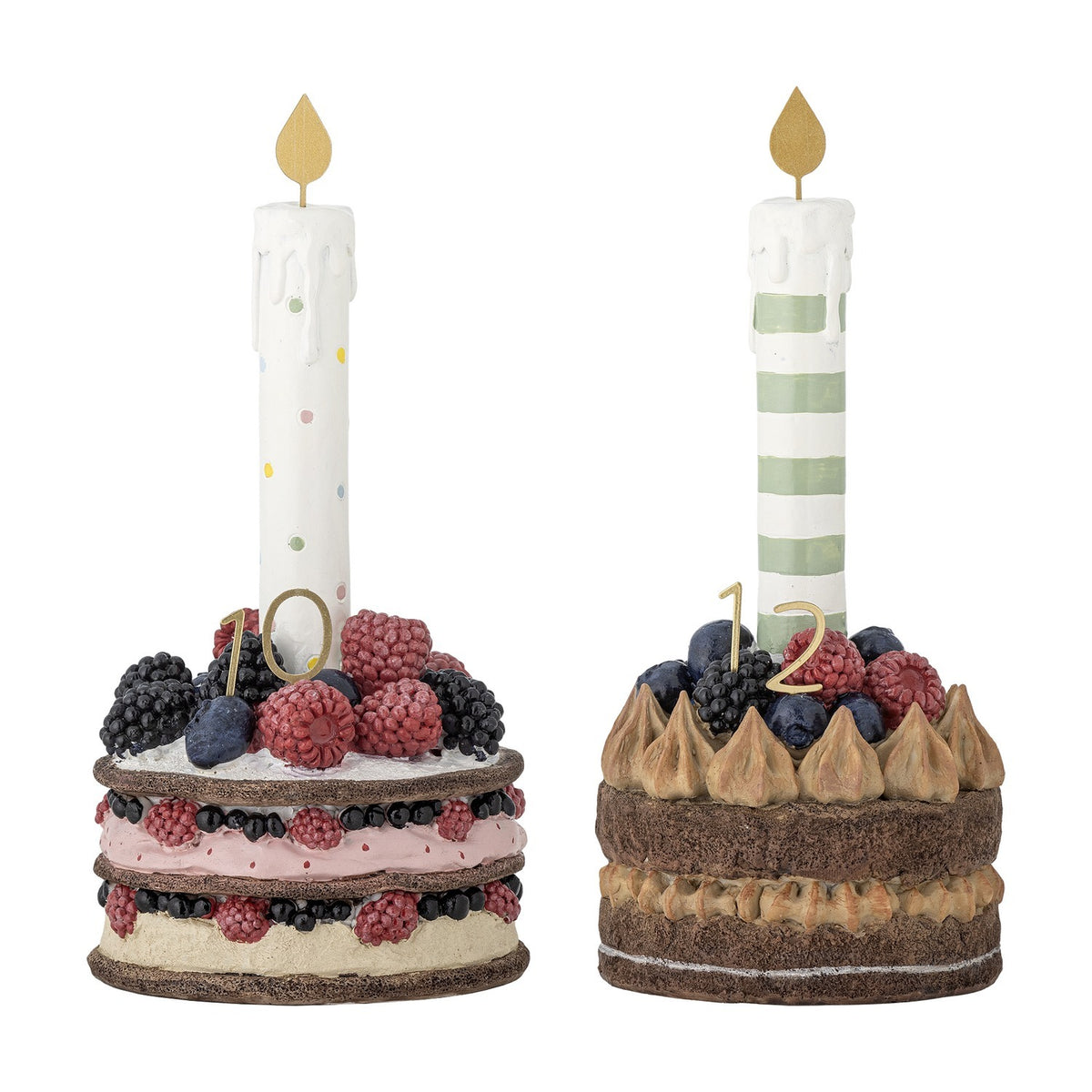 Set of 2 resin birthday cakes with berries, candles, and 10 and 12 toppers, gold flame accents, on a white background.
