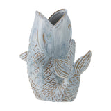 Hiro Fish Stoneware Vase, 21cm, shaped like a leaping fish with open mouth as the neck, relief scales and ribbed fins, blue glaze, on a plain white background.