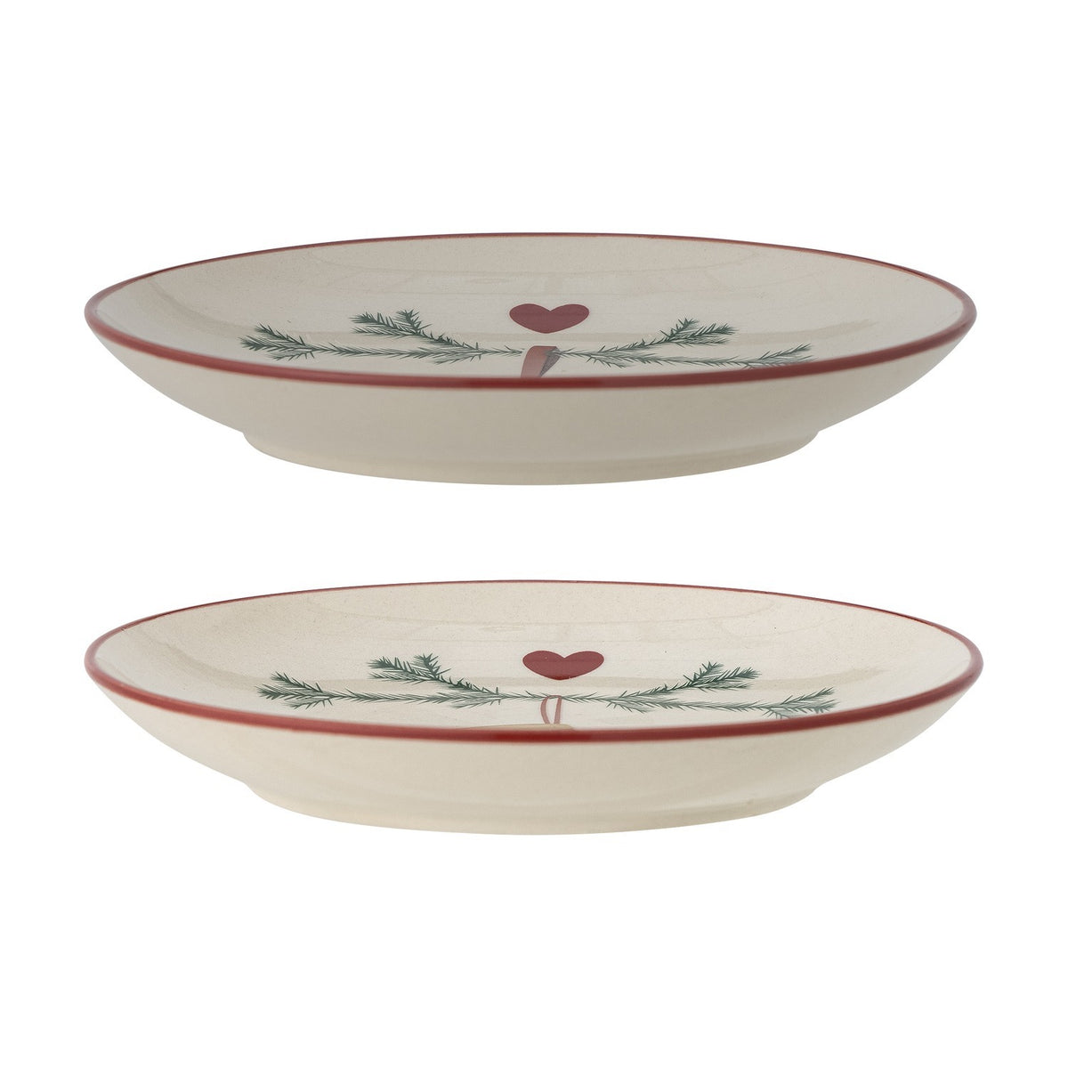 Yule Stoneware Christmas Plates Set of 2 in cream, round side plates with red painted rims and a pine sprig and heart motif, shown stacked on a white background.