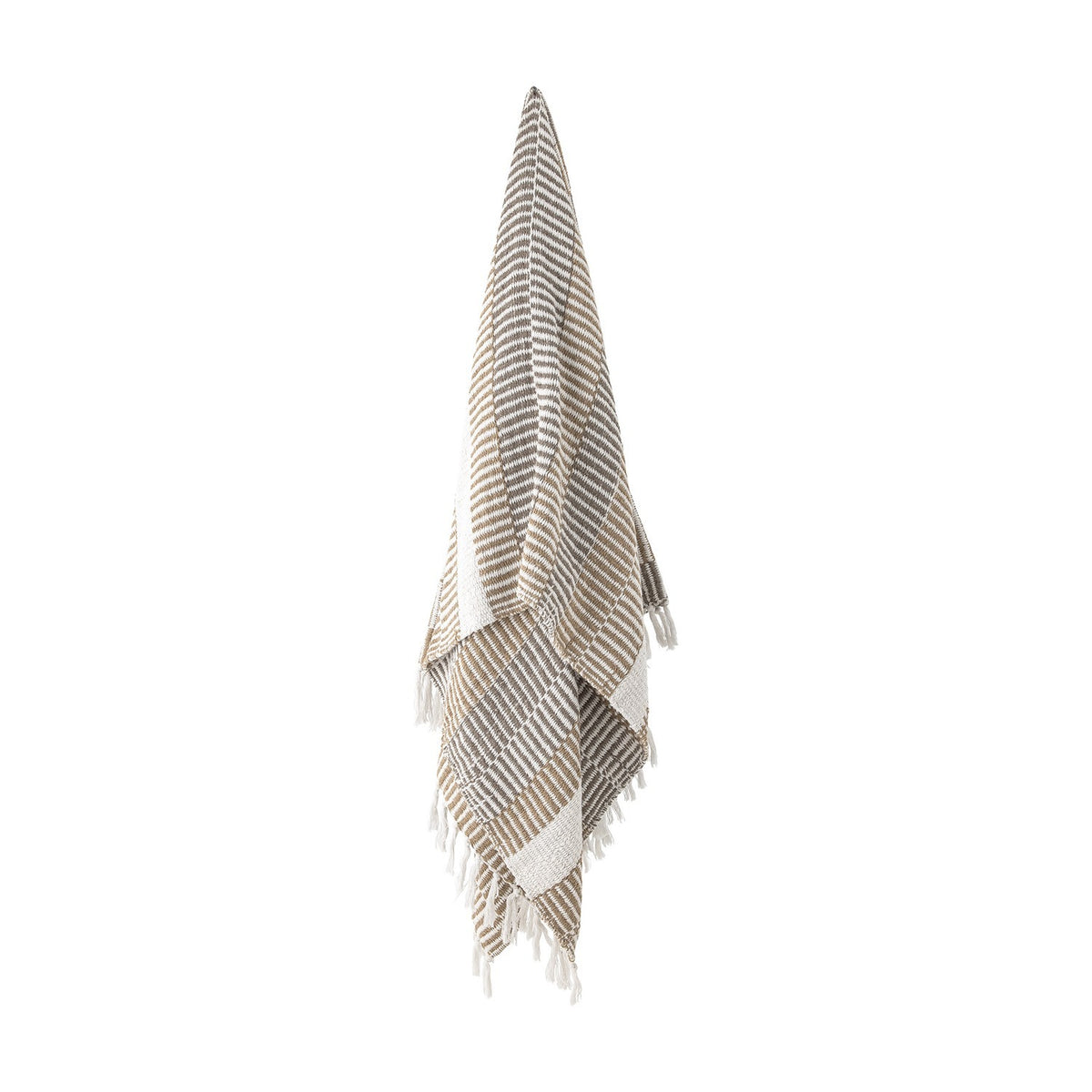 Isnel Brown Striped Cotton Throw draped vertically with grey and white stripes, ribbed texture, and a knotted fringe hem, shown against a plain white background.