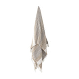 Isnel Brown Striped Cotton Throw draped vertically with grey and white stripes, ribbed texture, and a knotted fringe hem, shown against a plain white background.