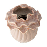 Top-down view of the Petalia Stoneware Vase 17cm in pink, showing its ruffled, speckled collar and fluted glossy body, set against a plain white background.