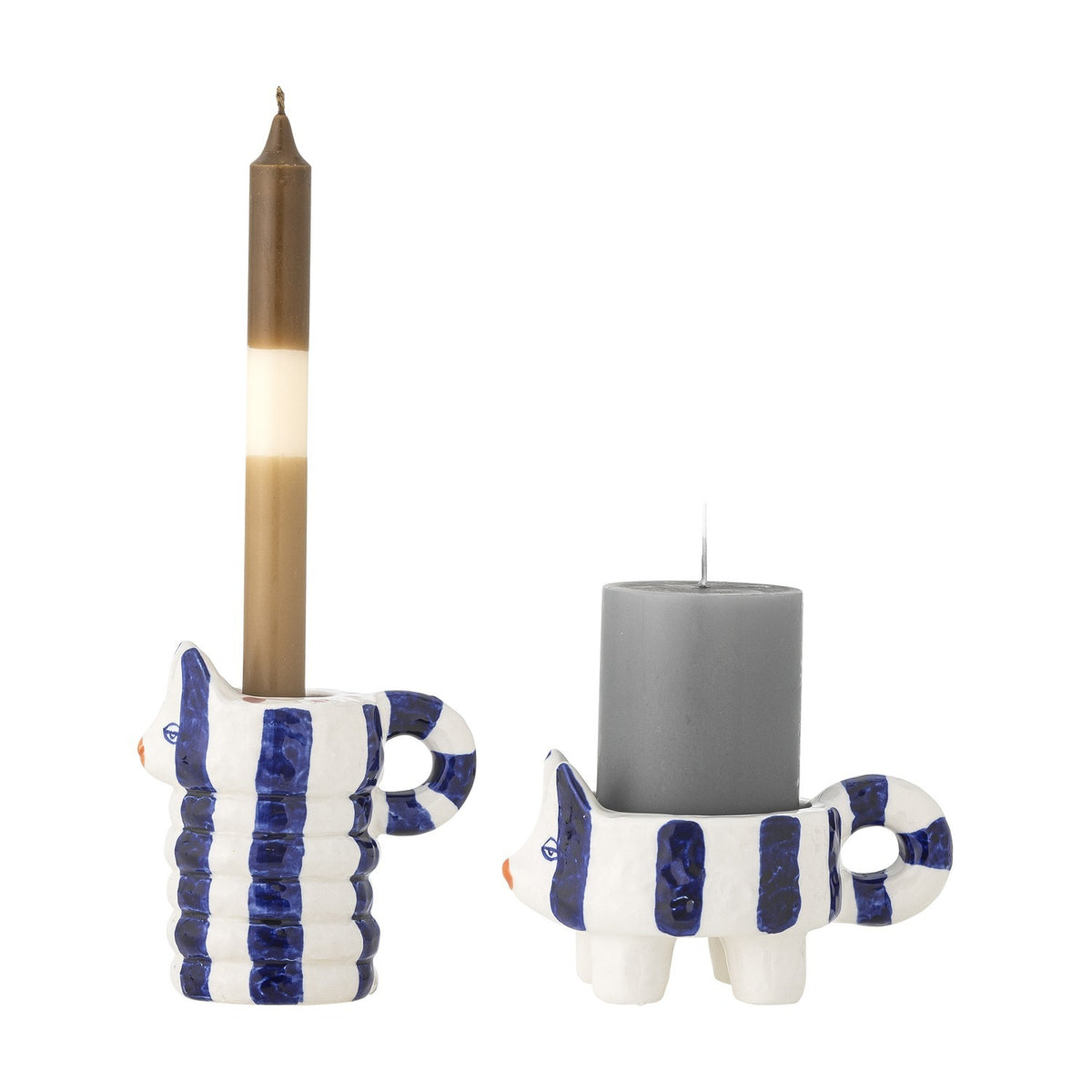 Caty Striped Stoneware Candle Holders Set of 2 in blue, cat-shaped with curled tail handles, one tall holding a taper candle and one low holding a pillar candle, on a white background.